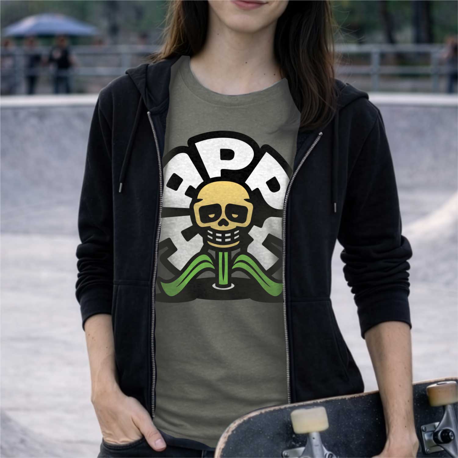Happy Skull Flower - Asphalt Grey T-Shirt - Image 2